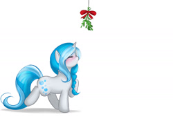 Size: 2000x1375 | Tagged: safe, artist:askbubblelee, oc, oc only, oc:bubble lee, :o, blushing, eyes closed, mistletoe, raised hoof, raised leg, solo, waiting