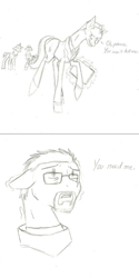 Size: 500x1000 | Tagged: safe, artist:overcharge, earth pony, pony, broken horn, business suit, bust, clothes, comic, dialogue, glasses, glowing horn, gman, gordon freeman, half-life, horn, lineart, magic, ponified, smiling, smirk, suitcase, telekinesis