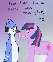 Size: 826x967 | Tagged: safe, artist:xwormfoodx, background pony strikes again, crossover shipping, female, kissing, male, mordecai, mordetwi, quality, regular show, shipping, straight, tongue out