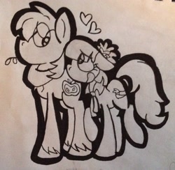 Size: 2072x2024 | Tagged: safe, artist:colorfulwonders, big macintosh, coco pommel, earth pony, pony, cocomac, crack shipping, heart, male, monochrome, shipping, stallion, straight, traditional art