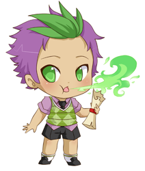 Size: 552x650 | Tagged: safe, artist:pocketcucco, spike, human, argyle, chibi, dragon mail, fire, fire breathe, green fire, humanized, scroll, sweater vest