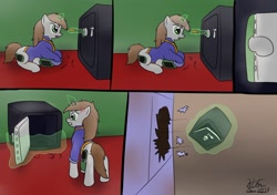 Size: 1280x903 | Tagged: safe, artist:the-furry-railfan, oc, oc only, oc:littlepip, pony, unicorn, fallout equestria, angry, bobby pin, broken glass, comic, concentrating, defenestration, empty, fanfic, fanfic art, female, glowing horn, gritted teeth, hooves, horn, levitation, lockpicking, magic, mare, open mouth, pipbuck, prone, rage, safe (object), screwdriver, solo, teeth, telekinesis, throwing, vault, vault suit, window