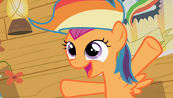 Size: 1024x576 | Tagged: safe, screencap, scootaloo, the mysterious mare do well, rainbow wig, solo, wig