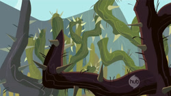 Size: 1280x720 | Tagged: safe, screencap, background, ghastly gorge, hub logo, no pony, plant, thorns