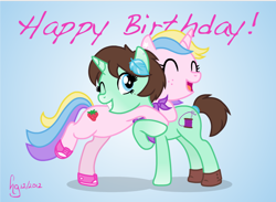 Size: 1150x840 | Tagged: safe, artist:princesschuchi, holly dash, oc, birthday, fim crew, hug, shoes, stephanie mahoney, thimble