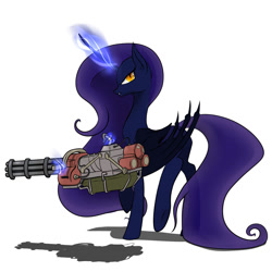 Size: 1024x1024 | Tagged: safe, artist:slouping, oc, oc only, oc:nightmare, alicorn, bat pony, pony, fallout equestria, alicorn oc, bat wings, fangs, glare, gun, looking at you, looking back, minigun, simple background, slit eyes, weapon