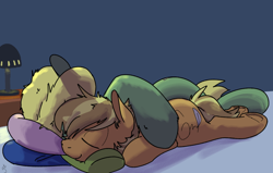 Size: 1100x700 | Tagged: safe, artist:goat train, oc, oc only, oc:bear trap, oc:paige, sleeping, snuggling