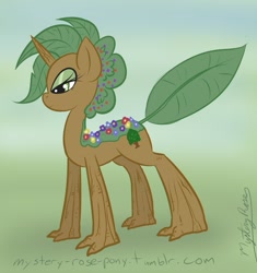 Size: 941x1000 | Tagged: safe, artist:mysteryrose, oc, oc only, plant pony, 30 minute art challenge, elemental, green background, leaf mane, plant elemental, simple background, solo