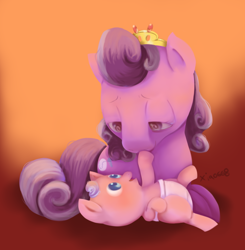 Size: 1100x1122 | Tagged: safe, artist:xiao668, diamond tiara, screwball, pony, baby, baby pony, calm, cute, diaper, female, foal, mother, mother and child, mother and daughter, painting, parent and child, pony pov series, tiara