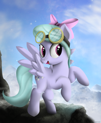 Size: 1509x1842 | Tagged: dead source, safe, artist:mackaged, flitter, pegasus, pony, bow, female, goggles, hair bow, mare, solo