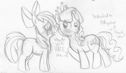 Size: 2776x1608 | Tagged: dead source, safe, artist:enigmaticfrustration, apple bloom, diamond tiara, earth pony, pony, blushing, bow, crying, diamondbloom, female, filly, hair bow, lesbian, lineart, monochrome, raised hoof, shipping, tiaralove