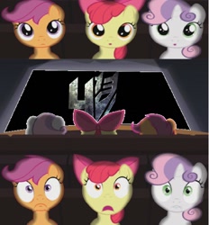 Size: 989x1064 | Tagged: safe, apple bloom, scootaloo, sweetie belle, bayformers, cutie mark crusaders, exploitable meme, meme, michael bay, theater meme, transformers