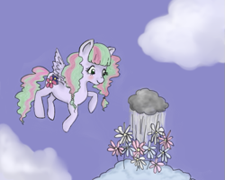 Size: 555x444 | Tagged: safe, artist:maddu-chan, blossomforth, alternate hairstyle, cloud, cloudy, flower, rain, solo