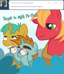 Size: 633x730 | Tagged: safe, big macintosh, roseluck, snails, snips, earth pony, pony, ask, askbigmcintosh, male, plot, stallion