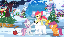 Size: 2040x1200 | Tagged: safe, artist:pixelkitties, apple bloom, scootaloo, sweetie belle, christmas, christmas tree, cutie mark crusaders, holiday, snow, snowfall, snowpony, tree