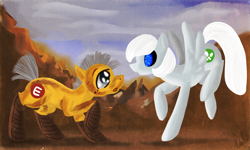 Size: 2000x1200 | Tagged: safe, artist:valkyrieskies, cyborg, crossover, eve, pixar, ponified, wall-e