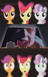 Size: 800x1290 | Tagged: safe, apple bloom, scootaloo, sweetie belle, exploitable meme, kamen rider, kamen rider shin, meme, shin kamen rider prologue, theater meme