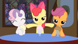 Size: 960x540 | Tagged: safe, apple bloom, scootaloo, sweetie belle, bedroom eyes, milkshake