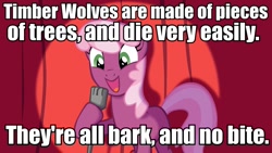 Size: 960x540 | Tagged: safe, cheerilee, earth pony, pony, timber wolf, cheerilee pun, curtain, exploitable meme, female, green eyes, mare, meme, microphone, open mouth, pun, smiling, solo, spotlight, text, two toned mane, two toned tail