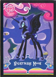 Size: 361x500 | Tagged: safe, nightmare moon, alicorn, pony, black coat, card, female, horn, mare, official, solo, wings