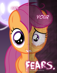 Size: 600x773 | Tagged: safe, artist:tehjadeh, scootaloo, pegasus, female, filly, orange coat, purple mane, solo, two sided posters