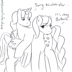 Size: 500x500 | Tagged: safe, artist:midnightmysterymeow, buttons (g1), wind whistler, pegasus, pony, unicorn, g1, 30 minute art challenge, bedroom eyes, duo, female, no color, sad