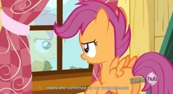 Size: 1583x863 | Tagged: safe, screencap, scootaloo, hub logo, youtube caption, youtube link