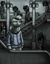 Size: 1050x1350 | Tagged: safe, artist:spyroconspirator, oc, oc only, pony, bipedal, clothes, hoodie, train station