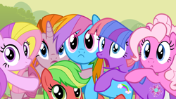 Size: 900x506 | Tagged: safe, applejack (g3), fluttershy (g3), pinkie pie (g3), rainbow dash (g3), rarity (g3), twilight twinkle, g3, g3 to g4, generation leap, recolor