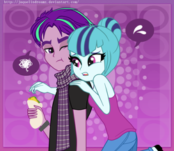 Size: 1104x960 | Tagged: safe, artist:jaquelindreamz, aria blaze, ouvertis grandioso, sonata dusk, equestria girls, alternate hairstyle, equestria guys, food, hair bun, male, rule 63, sleeveless, speech bubble, taco