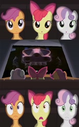 Size: 800x1290 | Tagged: safe, apple bloom, scootaloo, sweetie belle, cutie mark crusaders, exploitable meme, meme, theater meme, there will come soft rains