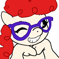 Size: 300x300 | Tagged: safe, twist, earth pony, female, filly, glasses, grin, solo, white coat, wink