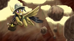 Size: 1920x1080 | Tagged: safe, artist:feather-ponyart, daring do, avalanche, bag, flying, gold, grin, solo, spread wings