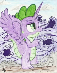 Size: 900x1167 | Tagged: safe, artist:theharmonicdeviant, smooze, spike, alicorn, dragon, pony, g1, g4, alicorn spike, alidragon, colored pencil drawing, prince spike, princessified, traditional art, wings