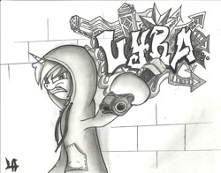 Size: 1024x803 | Tagged: safe, artist:theharmonicdeviant, lyra heartstrings, pony, unicorn, female, graffiti, gun, horn, mare