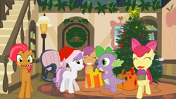 Size: 1023x575 | Tagged: safe, artist:bizarrepony, apple bloom, babs seed, spike, sweetie belle, dragon, 3d, candy cane, christmas, christmas tree, cupcake, female, hat, male, santa hat, shipping, spikebelle, straight, tree