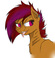 Size: 1024x1089 | Tagged: safe, artist:slouping, oc, oc only, fallout equestria, ear piercing, eyebrow piercing, female, looking back, mare, piercing, raider, scar, tongue out, tongue piercing, unnamed oc