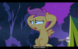 Size: 1024x640 | Tagged: safe, screencap, scootaloo, sleepless in ponyville, hub logo, youtube caption