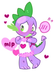 Size: 390x510 | Tagged: safe, artist:cr-r, spike, dragon, dragon quest, apron, baby, baby dragon, blushing, clothes, cute, embarrassed, explicit source, heart, male, naked apron, pixiv, simple background, solo, spikabetes, text, white background