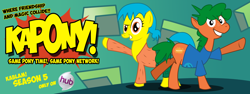 Size: 2400x900 | Tagged: safe, artist:skatoonist, henry (kablam), june, kablam, ponified