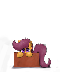 Size: 1077x1300 | Tagged: safe, artist:rainbowgambler, scootaloo, pegasus, box, female, filly, orange coat, purple mane, solo