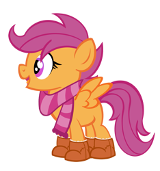 Size: 1123x1200 | Tagged: safe, artist:pixelkitties, scootaloo, bootaloo, boots, clothes, hoof boots, scarf, simple background, transparent background