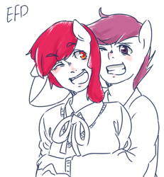 Size: 500x542 | Tagged: safe, artist:efd, apple bloom, scootaloo, anthro, human facial structure