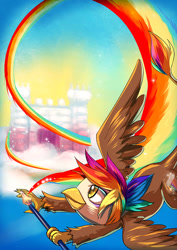 Size: 700x990 | Tagged: safe, artist:bakki, oc, oc only, oc:rainbow feather, griffon, castle, cloud, cutie mark, flying, glow, griffon magic, interspecies offspring, magic, magical lesbian spawn, offspring, parent:gilda, parent:rainbow dash, parents:gildash, rainbow, solo, wand