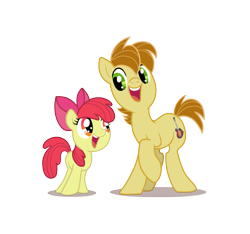 Size: 1277x1194 | Tagged: safe, artist:anima-dos, apple bloom, oc, oc:mandopony, eye contact, mandobloom, open mouth, raised hoof, smiling