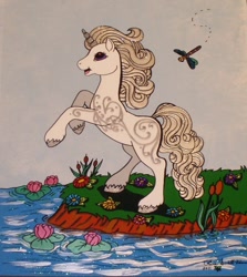 Size: 579x650 | Tagged: safe, artist:lilsugarberry, princess silver swirl, dragonfly, insect, pony, unicorn, g2, animation cel, female, flower, grass, mare, open mouth, rearing, smiling, solo, traditional art, unshorn fetlocks, water, waterlily