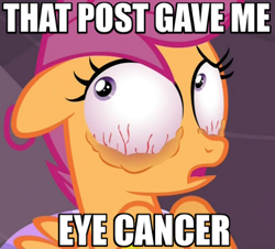 Size: 498x451 | Tagged: safe, scootaloo, cancer (disease), eye cancer, image macro, reaction image, solo, that post gave me cancer