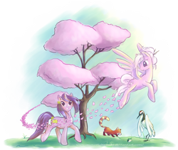 Size: 2279x1927 | Tagged: safe, artist:immortaltanuki, cherry blossom (g3), kimono, pegasus, pony, red panda, g3, cherry blossoms, crane, g3 to g4, generation leap, race swap