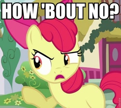 Size: 600x537 | Tagged: safe, apple bloom, earth pony, pony, female, filly, how about no, image macro, no, open mouth, pointing, reaction image, solo