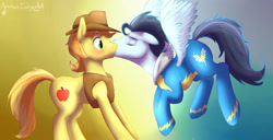 Size: 2336x1198 | Tagged: safe, artist:hoodoo, braeburn, soarin', earth pony, pegasus, pony, blushing, cute, eyes closed, floppy ears, gay, gradient background, kissing, male, shipping, soarburn, stallion